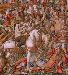 tapeçaria flamenga. Série As Honras. Infâmia (La Infâmia). Sexta tapeçaria da série. Cartunistas modelo do círculo de Bernard van Orley e Jan Gossaert (Mabuse). Fabricação Pieter van Aelst, Bruxelas. Ca 1550. Tecido Ouro, prata, seda e lã.