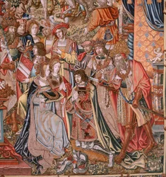 tapeçaria flamenga. Série As Honras; Nobreza (La Nobleza). Quarta tapeçaria da série. Cartunistas modelo do círculo de Bernard van Orley e Jan Gossaert (Mabuse). Fabricação Pieter van Aelst, Bruxelas. Ca 1550. Tecido Ouro, prata, seda e corte