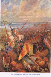 O desembarque de Guilherme, o Conquistador (litografia a cores)