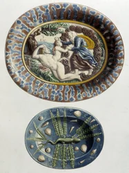 Deus cria a Eva da coxa de Adão; Lagarto - Pratos de cerâmica, em "A obra de Bernard Palissy" de C. Delange e C. Borneman, Paris