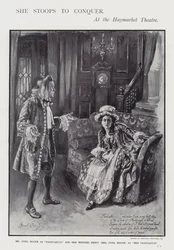 Uma apresentação da comédia de Oliver Goldsmith She Stoops to Conquer no Haymarket Theatre, Londres (litho)
