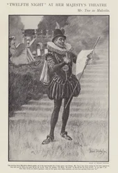 Herbert Beerbohm Tree como Malvolio numa produção da Twelth Night de Shakespeare no Her Majesty