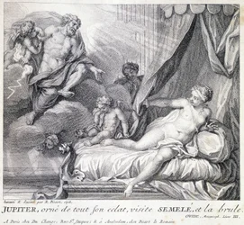 Júpiter (Zeus) queima Semele com seu relâmpago. Gravura do século XVIII após o desenho de B. Picart feito em 1708.