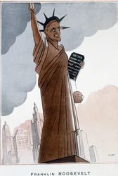 Desenho animado de Franklin Roosevelt na Estátua da Liberdade - Ilustração de Bernard Becan (Bernhard Kahn) (1890-1943) Em "Fantasio" de 01/12/1932