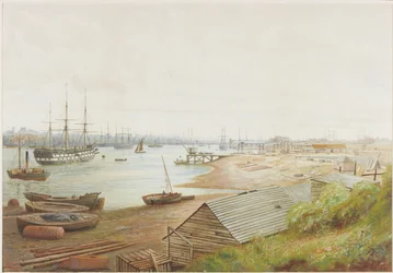 Uma cena do rio ocupado com numerosos navios (lápis, aquarela e bodycolour no papel)