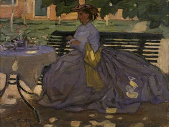 Mulher sentada num jardim, c.1910 (óleo sobre cavas)