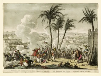 Napoleão derrotando os mamelucos na Batalha das Pirâmides, perto do Cairo, gravada por George Cruikshank (1769-1823), pub. 1823 (gravura colorida à mão)