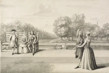 Figuras na margem do Long Water, Hampton Court Palace (lavagem cinza com caneta e tinta sobre lápis sobre papel)