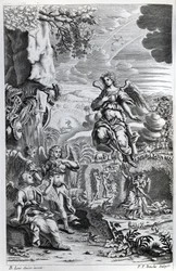 O arcanjo Uriel informa a Gabriel que Satanás está no Jardim do Éden, ilustração de &39;Paradise Lost&39;, de John Milton, gravada por PP Bouche, sexta edição, 1695