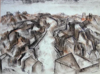 Uma rua tranquila (lavagem a giz colorido com tinta azul)