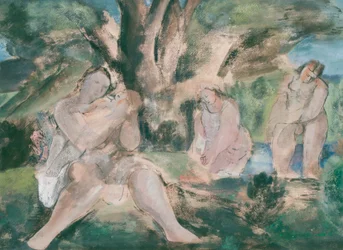 Três mulheres e crianças tomando banho debaixo de uma árvore (aquarela e tinta sobre papel)