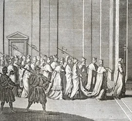 Diferentes etapas do conclave, encontro de cardeais para a eleição de um novo papa: a entrada dos cardeais na capela Sistina (Vaticano: entrada dos cardeais) Gravura da "Ilustração de cerimónias e costumes religiosos de todos os povos