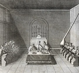 Diferentes etapas do conclave, reunião dos cardeais para a eleição do novo papa: a eleição do novo papa durante o conclave na capela Sistina, Vaticano: cédulas dos cardeais para a eleição do papa) Gravura de "Illustr
