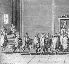 Diferentes etapas do conclave, reunião dos cardeais para a eleição de um novo papa: as rações são feitas durante o conclave (Vaticano: chegada dos alimentos durante o conclave) Gravação a partir da "Ilustração de cerimónias religiosas e costumes de todos o