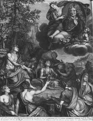 Frontispício de &39;Oeuvres&39; de Nicolas Boileau, conhecido como Boileau-Despreaux, triunfo de Boileau, publicado em 1718, Amsterdã