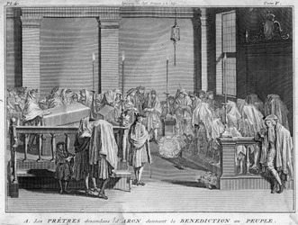 Sumo Sacerdote de Israel pertencente às famílias sacerdotais judaicas que traçam sua linha paterna até Arão dão sua bênção ao povo judeu Gravação de "Illustration de ceremonies et customs religieuses de tous les peuples du monde" por B