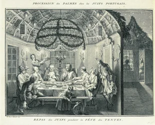 Refeição judaica durante a festa dos Tabernáculos, ilustração de &39;cerimônias religiosas e costumes&39;, 1724