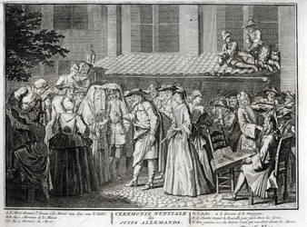 Casamento judeu na comunidade judaica alemã Gravura de "Illustration de ceremonies et customs religieuses de les peuples du monde" de Bernard Picart (1723-1743) 1819 Coleção particular