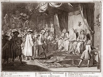 Casamento judeu na comunidade judaica portuguesa Gravura de "Illustration de ceremonies et customs religieuses de tous les peuples du monde" de Bernard Picart (1723-1743) 1819 Colecção privada