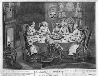 O judaísmo: Festa da Páscoa (ou Pessach) na comunidade judaica portuguesa Gravura de "Illustration de ceremonies et customs religieuses de tous les peuples du monde" de Bernard Picart (1723-1743) 1819 Coleção particular