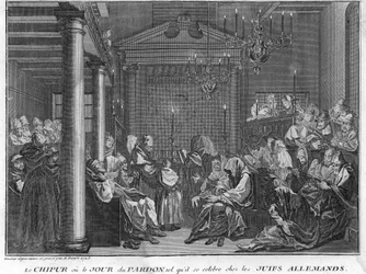 O judaísmo: A Festa de Chipur entre os judeus alemães (Yom Kippur, Dia da Expiação do povo judeu) Gravura de "Ilustração de Cerimônias e Costumes Religiosos de Todos os Povos do Mundo" de Bernard Picart (1723-1743) 1819 Coleção particular