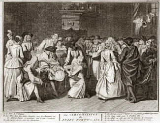 Judaísmo: cerimónia de circuncisão na comunidade judaica portuguesa Gravura de "Illustration de ceremonies et customs religieuses de tous les peuples du monde" de Bernard Picart (1723-1743) 1819 Colecção privada