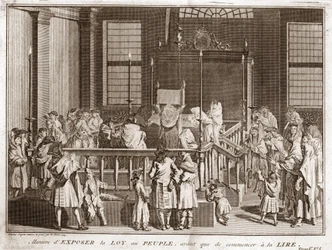 Judaísmo: exposição da Torá numa Sinagoga antes da leitura) Gravura de "Illustration de ceremonies et customs religieuses de tous les peuples du monde" de Bernard Picart (1723-1743) 1819 Colecção privada