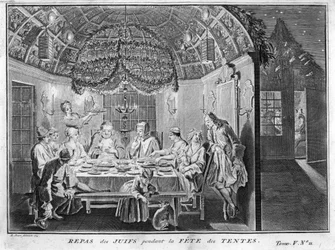 Judaísmo: refeição para o povo judeu durante a festa de Sukkot (sucot ou Sukkos) dos tabernáculos ou cabines) Gravação de "Illustration de ceremonies et customs religieuses de tous les peuples du monde" de Bernard Picart (1723-1743) 1819 Coleção privada