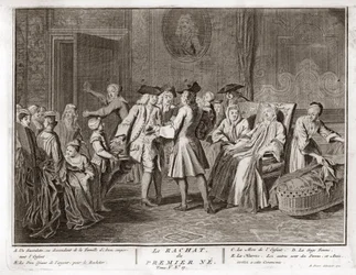 Judaísmo: a tradição da redenção do primogênito, um mitzvah no judaísmo em que um filho primogênito judeu é redimido pelo uso de moedas de prata de seu estado de santidade) Gravura de "Illustration de ceremonies et customs religieuses de to