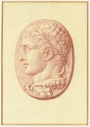 Um de quatro estudos após os cameos, três com retratos de perfil clássico e um com um relevo fragmentado de Cupido e dois leões a desenhar uma carruagem (giz vermelho sobre papel)
