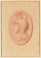 Um de quatro estudos após os cameos, três com retratos de perfil clássico e um com um relevo fragmentado de Cupido e dois leões a desenhar uma carruagem (giz vermelho sobre papel)