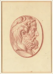 Um de quatro estudos após os cameos, três com retratos de perfil clássico e um com um relevo fragmentado de Cupido e dois leões a desenhar uma carruagem (giz vermelho sobre papel)