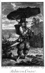 Representação de Robinson Crusoe na sua ilha deserta. Gravura de Bernard Picart (1673-1733) ilustrando o romance de Daniel Defoe ou De Foe (1660-1731)