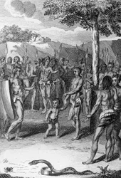 Cerimônia ritual, com serpente em primeiro plano, Guiné, da Histoire Generale des Ceremonies, moeurs, et coutumes religiousness de tous les peuples du monde, de Antoine Banier (1673-1741) e Jean Baptiste Le Mascrier (1697-1760)