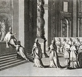 Inauguração solene do Pontificado "Adoração do Papa no Grande Altar de São Pedro, Vaticano" (Inauguração papal: Adoração do Papa sobre o grande altar de São Pedro) Gravura de "Ilustração de cerimónias religiosas e costumes de um