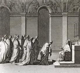 Inauguração solene do Pontificado: "A Adoração do Papa na Capela Sistina" (Inauguração Papal: Adoração do Papa na Capela Sistina) Gravura da "Ilustração de Cerimônias e Costumes Religiosos de Todos os Povos do Mundo".