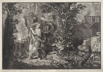 Deusas da vingança encorajam Althaea a queimar o tronco de Meleager História de Meleager (título da série)