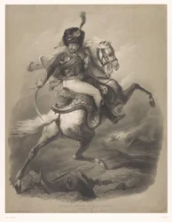 Oficial de assalto a cavalo Le chasseur de la garde (título no objeto) Novas litografias com dois tipos de giz (título da série) Nouveaux groups aux deux crayons (título da série no objeto)