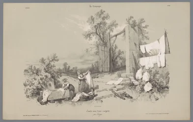 Duas mulheres e uma rapariga a lavar roupa no exterior
Representações da vida rural (título da série)
La Campagne. Études varieés aux deux Crayons (título da série sobre o objecto)