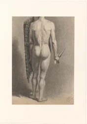 Homem nu com espada e escudo, visto por trás