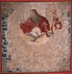 Tapeçaria flamenga. Série Dais of Charles V (Baldachin de Margaret da Áustria). Deus Pai e o Espírito Santo (El Padre Eterno y el Espíritu Santo). Tapeçaria baldaquino da dais. Modelo Bernard van Orley (1491-1542). Fabrico Pieter de Pannemaker,