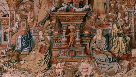Tapeçaria flamenga. Série As Honras. A Fé (La Fe). A primeira tapeçaria da série. Modelos cartoonistas do círculo de Bernard van Orley e Jan Gossaert (Mabuse). Fabrico Pieter van Aelst, Bruxelas. Ca 1550. Tecido Ouro, prata, seda e lã.