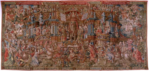 tapeçaria flamenga. Série As Honras. Fama (La Fama). Terceira tapeçaria da série. Cartunistas modelo do círculo de Bernard van Orley e Jan Gossaert (Mabuse). Fabricação Pieter van Aelst, Bruxelas. Ca 1550. Tecido Ouro, prata, seda e lã.