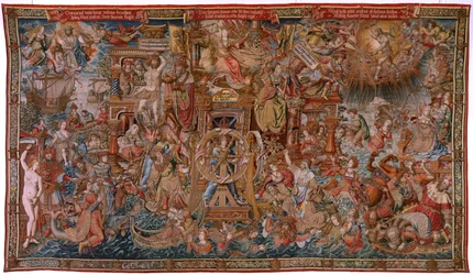 tapeçaria flamenga. Série As Honras. Fortuna, Caminho das Honras (La Fortuna, Camino de los Honores). Quinta tapeçaria da série. Cartunistas Modelo do círculo de Bernard van Orley e Jan Gossaert de Mabuse. Fabricação Pieter van Aelst, Brusse