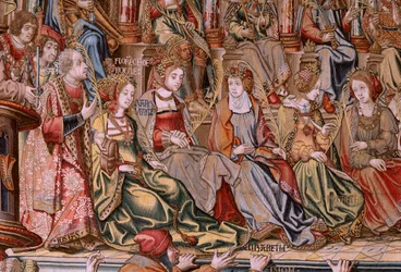 tapeçaria flamenga. Série As Honras. Honra (El Honor). Segunda tapeçaria da série. Cartunistas modelo do círculo de Bernard van Orley e Jan Gossaert (Mabuse). Fabricação Pieter van Aelst, Bruxelas. Ca 1550. Tecido Ouro, prata, seda e lã.