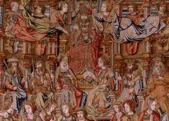 tapeçaria flamenga. Série As Honras. Honra (El Honor). Segunda tapeçaria da série. Cartunistas modelo do círculo de Bernard van Orley e Jan Gossaert (Mabuse). Fabricação Pieter van Aelst, Bruxelas. Ca 1550. Tecido Ouro, prata, seda e lã.
