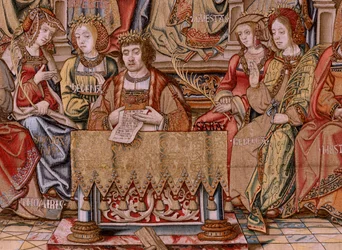 tapeçaria flamenga. Série As Honras. Honra (El Honor). Segunda tapeçaria da série. Cartunistas modelo do círculo de Bernard van Orley e Jan Gossaert (Mabuse). Fabricação Pieter van Aelst, Bruxelas. Ca 1550. Tecido Ouro, prata, seda e lã.