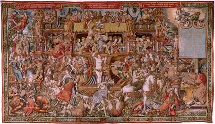 tapeçaria flamenga. Série As Honras. Infâmia (La Infâmia). Sexta tapeçaria da série. Cartunistas modelo do círculo de Bernard van Orley e Jan Gossaert (Mabuse). Fabricação Pieter van Aelst, Bruxelas. Ca 1550. Tecido Ouro, prata, seda e lã.