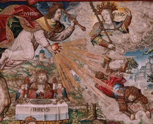 Tapeçaria flamenga. Série As Honras. Justiça (La Justicia, Los Honores). A nona tapeçaria da série. Modelos cartoonistas do círculo de Bernard van Orley e Jan Gossaert (Mabuse). Fabrico Pieter van Aelst, Bruxelas. Ca 1550. Tecido Ouro, prata,