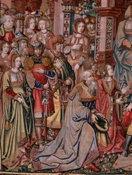 Tapeçaria flamenga. Série As Honras. Justiça (La Justicia, Los Honores). A nona tapeçaria da série. Modelos cartoonistas do círculo de Bernard van Orley e Jan Gossaert (Mabuse). Fabrico Pieter van Aelst, Bruxelas. Ca 1550. Tecido Ouro, prata,